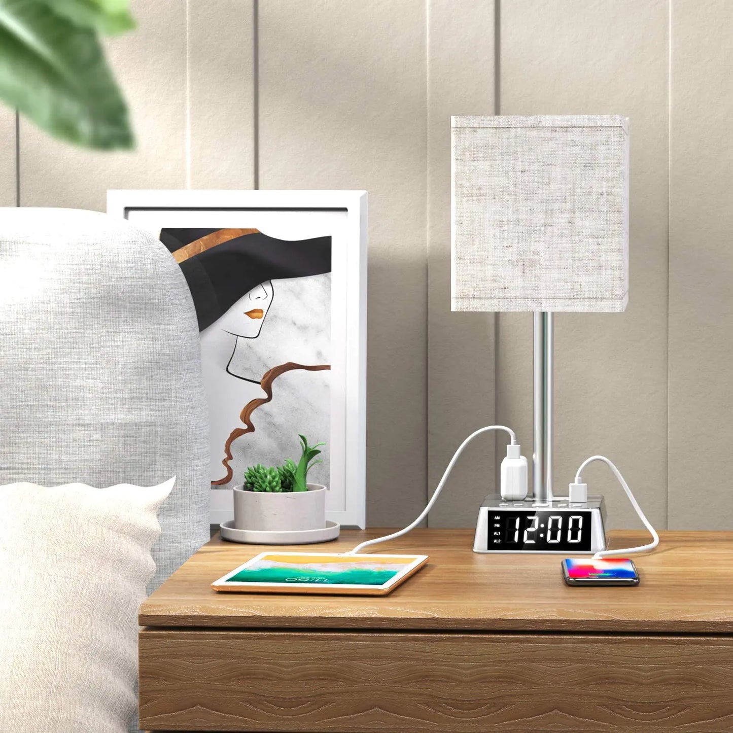 Table Lamp, 4 USB Ports & AC Power Outlets, Alarm Clock