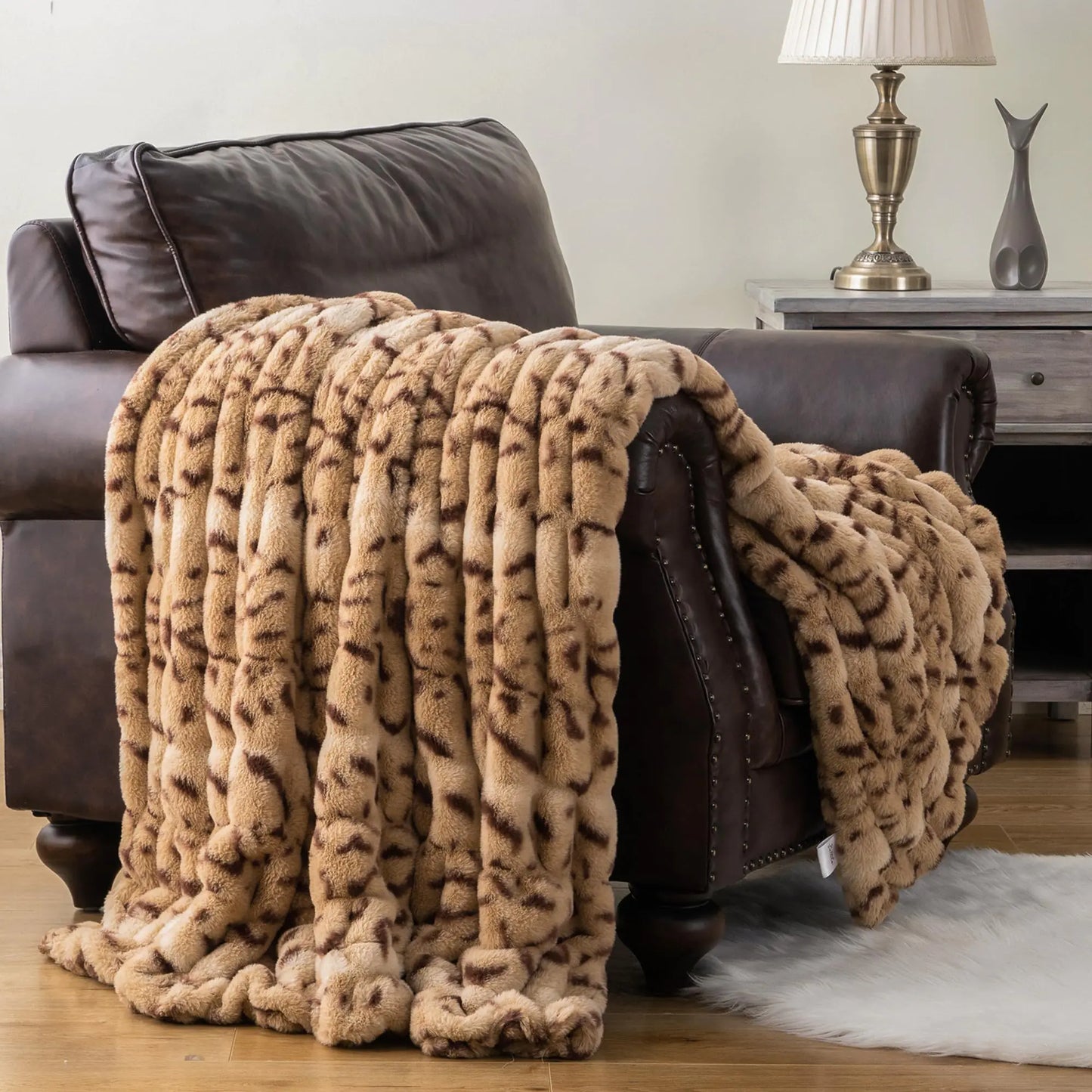 BATTILO HOME Premium Ruched Faux Fur Throw Blanket Animal Print Faux Fur Blanket Soft Warm Blanket Double Side Rabbit Fur Blanket for Bed Couch Cozy Mink Blanket 50”x60“ - Beige