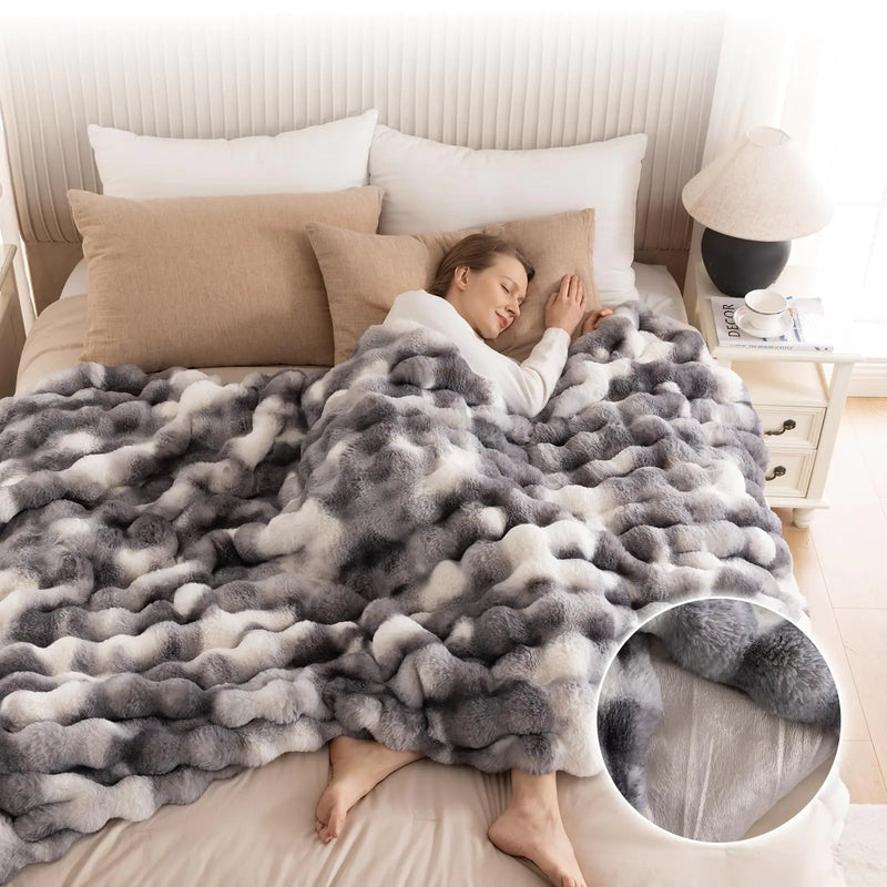 IKALIFE Cozy Faux Fur Throw Blanket for Bed-Warm Fuzzy Throw Blanket Soft Plush Thick Bubble Blankets for Bedroom and Living Room Furry Luxury Blanket 90 x 108Tie-Dye Grey