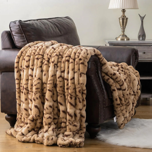 BATTILO HOME Premium Ruched Faux Fur Throw Blanket Animal Print Faux Fur Blanket Soft Warm Blanket Double Side Rabbit Fur Blanket for Bed Couch Cozy Mink Blanket 50”x60“ - Beige
